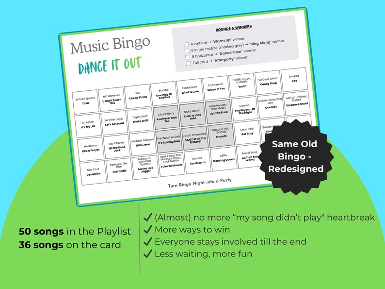 May include: Music Bingo game card with the text "DANCE IT OUT." The card features a grid of song titles and a section for rounds and winners. The card also includes the text "Same Old Bingo - Redesigned" and bullet points about the game.