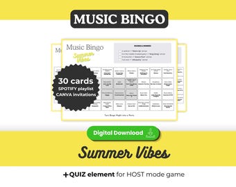 SUMMER Vibes Music Bingo, 30 Printable Cards, Summer Game, BBQ Garden Pool Party, Spotify Playlist, Instant Download, Print and Play
