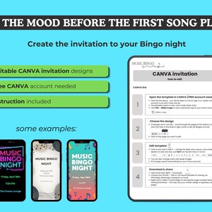 May include: A digital invitation design for a Music Bingo night, with instructions on how to edit in Canva. The image includes examples of mobile phone invitations with colorful designs and event details.