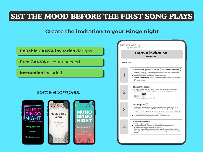 May include: A digital invitation design for a Music Bingo night, with instructions on how to edit in Canva. The image includes examples of mobile phone invitations with colorful designs and event details.