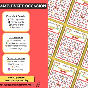 May include: A red background with text that reads "ONE GAME. EVERY OCCASION." The image features bingo cards with a "Nostalgic 1980s" theme and a list of occasions, including family gatherings and parties. The text says "Just print & press play."