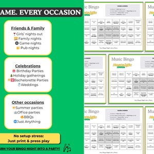 Puede incluir: Un gr&aacute;fico verde con el texto "ONE GAME. EVERY OCCASION" y listas de ocasiones como "Amigos y familia" y "Celebraciones". Tambi&eacute;n se muestran tarjetas de Bingo musical. Se incluye el texto "Sin estr&eacute;s de configuraci&oacute;n: Simplemente imprime y juega".