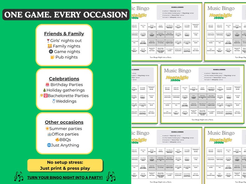 Puede incluir: Un gr&aacute;fico verde con el texto "ONE GAME. EVERY OCCASION" y listas de ocasiones como "Amigos y familia" y "Celebraciones". Tambi&eacute;n se muestran tarjetas de Bingo musical. Se incluye el texto "Sin estr&eacute;s de configuraci&oacute;n: Simplemente imprime y juega".