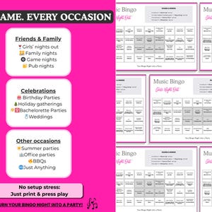 Puede incluir: Un gr&aacute;fico rosa brillante que promociona "Music Bingo" para diversas ocasiones. La imagen incluye texto como "Amigos y familia", "Celebraciones" y "Otras ocasiones". Se muestran varias tarjetas de bingo, con el texto "&iexcl;Convierte tu noche de bingo en una fiesta!"