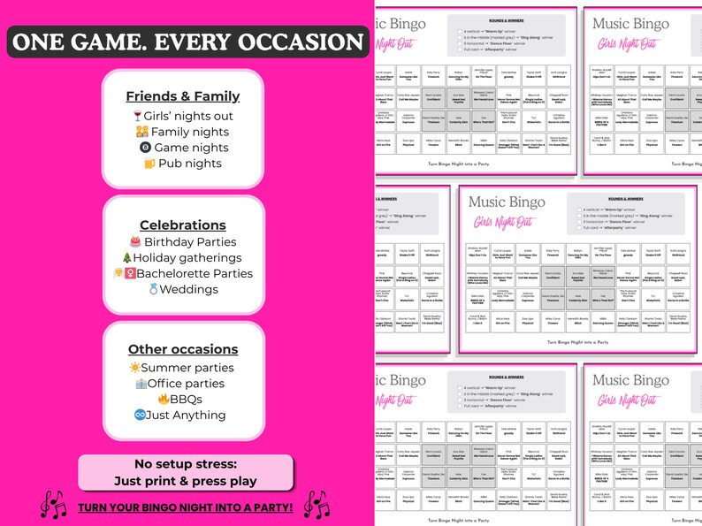 Puede incluir: Un gr&aacute;fico rosa brillante que promociona "Music Bingo" para diversas ocasiones. La imagen incluye texto como "Amigos y familia", "Celebraciones" y "Otras ocasiones". Se muestran varias tarjetas de bingo, con el texto "&iexcl;Convierte tu noche de bingo en una fiesta!"