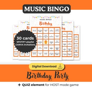 May include: A stack of music bingo cards with an orange border. The cards are labeled "Music Bingo Birthday Party" and include the text "30 cards, Spotify playlist, Canva invitations." The words "Digital Download" and "Birthday Party" are also visible.