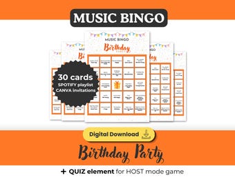 BIRTHDAY Party Music Bingo Standaard 5 * 5, afdrukbare game 30 kaarten, Spotify-afspeellijst, digitale download voor vriendennacht, vieringen