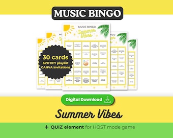 Bingo musicale estivo, 30 cartelle stampabili 5*5, gioco estivo, barbecue, giardino, festa in piscina, playlist Spotify, download immediato, stampa e gioca