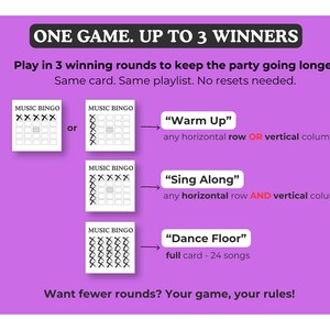 Może przedstawiać: Fioletowa grafika z tekstem "ONE GAME. UP TO 3 WINNERS" i instrukcjami gry w Music Bingo. Obrazek przedstawia r&oacute;żne rundy wygranej: "Warm Up", "Sing Along" i "Dance Floor".