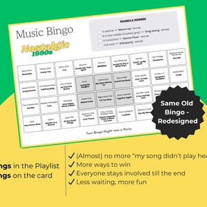 Puede incluir: Una tarjeta blanca de juego de Bingo musical con un fondo verde y amarillo. La tarjeta est&aacute; etiquetada como "Nostalgic 1990s" y presenta una cuadr&iacute;cula de t&iacute;tulos de canciones. El texto en la tarjeta incluye "50 canciones en la lista de reproducci&oacute;n" y "36 canciones en la tarjeta."