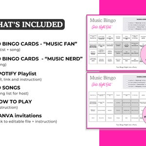 Puede incluir: Un juego de bingo musical rosa y blanco. El conjunto incluye 30 tarjetas de bingo, una lista de reproducci&oacute;n de Spotify, 50 canciones, instrucciones e invitaciones de Canva. Las tarjetas de bingo tienen una cuadr&iacute;cula con t&iacute;tulos de canciones y nombres de artistas.