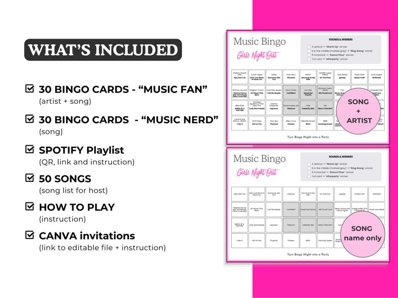 Puede incluir: Un juego de bingo musical rosa y blanco. El conjunto incluye 30 tarjetas de bingo, una lista de reproducci&oacute;n de Spotify, 50 canciones, instrucciones e invitaciones de Canva. Las tarjetas de bingo tienen una cuadr&iacute;cula con t&iacute;tulos de canciones y nombres de artistas.