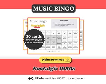 80s Nostalgic Hits Music Bingo, Printable Game 30 Cards, Spotify Playlist, Digital Download for Friends Party and Family Reunion