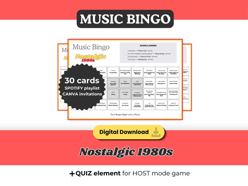May include: A digital download for a Music Bingo game with a nostalgic 1980s theme. The design features a bingo card with song titles, a black circle with "30 cards", and the text "SPOTIFY playlist CANVA invitations". The words "Digital Download" are also visible.