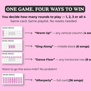 Puede incluir: Gr&aacute;fico rosa con el texto "ONE GAME. FOUR WAYS TO WIN." Se muestran instrucciones para un juego de bingo musical, incluyendo opciones "Warm Up", "Sing Along", "Dance Floor" y "Afterparty", cada una con un n&uacute;mero diferente de canciones.