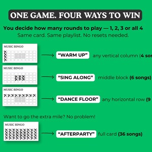 Puede incluir: Un gr&aacute;fico verde con el texto "ONE GAME. FOUR WAYS TO WIN." Muestra cuatro formas de jugar al Music Bingo: Warm Up, Sing Along, Dance Floor y Afterparty. Cada opci&oacute;n tiene un n&uacute;mero diferente de canciones.