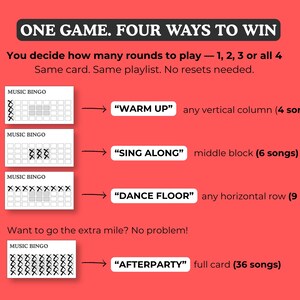 May include: A red graphic with the text "ONE GAME. FOUR WAYS TO WIN." It shows four ways to play Music Bingo, including "Warm Up," "Sing Along," "Dance Floor," and "Afterparty." Each option has a different number of songs.