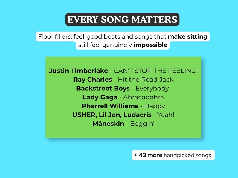 May include: A graphic with the text "EVERY SONG MATTERS" and a list of songs, including "CAN'T STOP THE FEELING!" by Justin Timberlake and "Happy" by Pharrell Williams. The background is blue.