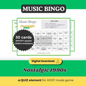Puede incluir: Gr&aacute;fico de descarga digital para un juego de bingo musical. El dise&ntilde;o presenta un fondo verde y blanco con las palabras "Music Bingo" y "Nostalgic 1990s". Las tarjetas de bingo son visibles, junto con el texto "30 tarjetas, lista de reproducci&oacute;n de Spotify, invitaciones de Canva."