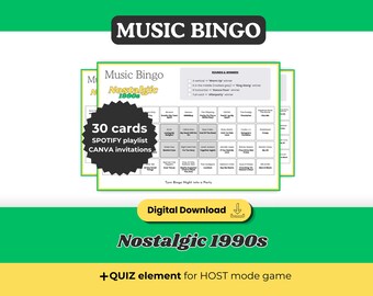Bingo musicale con i successi nostalgici degli anni '90, gioco stampabile con 30 cartelle, playlist Spotify, download digitale per feste tra amici e riunioni di famiglia.