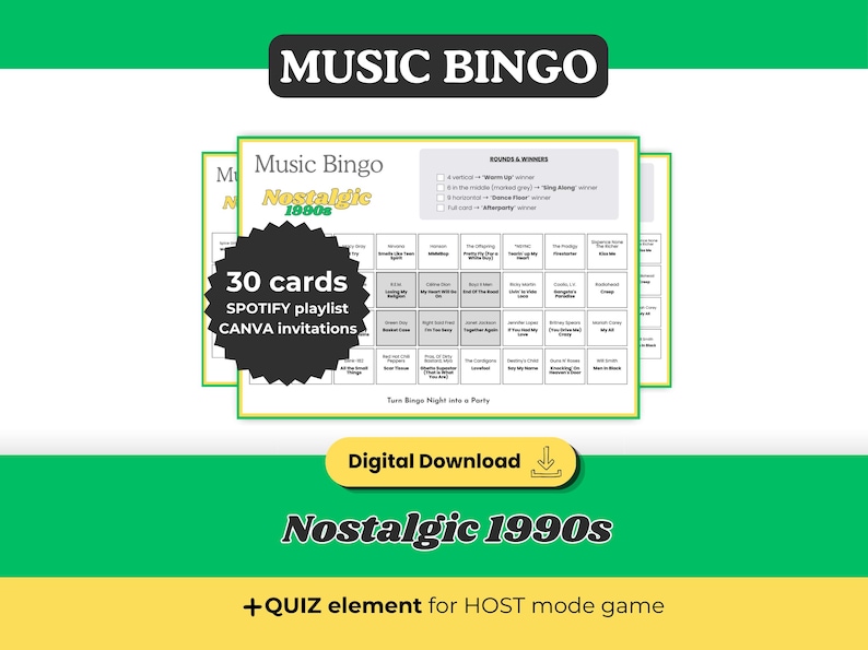 Puede incluir: Gr&aacute;fico de descarga digital para un juego de bingo musical. El dise&ntilde;o presenta un fondo verde y blanco con las palabras "Music Bingo" y "Nostalgic 1990s". Las tarjetas de bingo son visibles, junto con el texto "30 tarjetas, lista de reproducci&oacute;n de Spotify, invitaciones de Canva."
