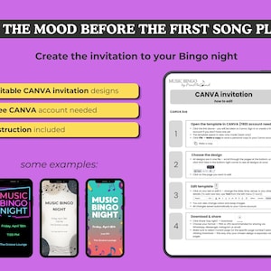 Może przedstawiać: Fioletowa grafika promująca wiecz&oacute;r Music Bingo, z przykładami projekt&oacute;w zaproszeń na smartfonach. Obraz zawiera instrukcje tworzenia zaproszeń za pomocą Canva, podkreślając edytowalne projekty i potrzebę darmowego konta Canva.