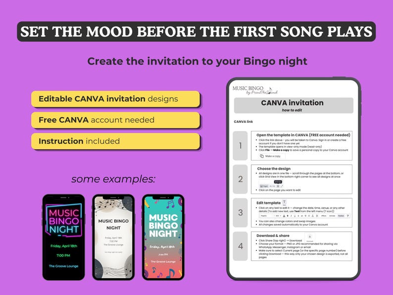 Może przedstawiać: Fioletowa grafika promująca wiecz&oacute;r Music Bingo, z przykładami projekt&oacute;w zaproszeń na smartfonach. Obraz zawiera instrukcje tworzenia zaproszeń za pomocą Canva, podkreślając edytowalne projekty i potrzebę darmowego konta Canva.