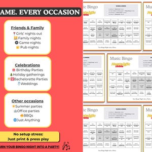 May include: A red graphic with the text "ONE GAME. EVERY OCCASION" and lists of occasions like "Friends & Family" and "Celebrations." Several "Music Bingo" cards are displayed, with a 1980s theme.