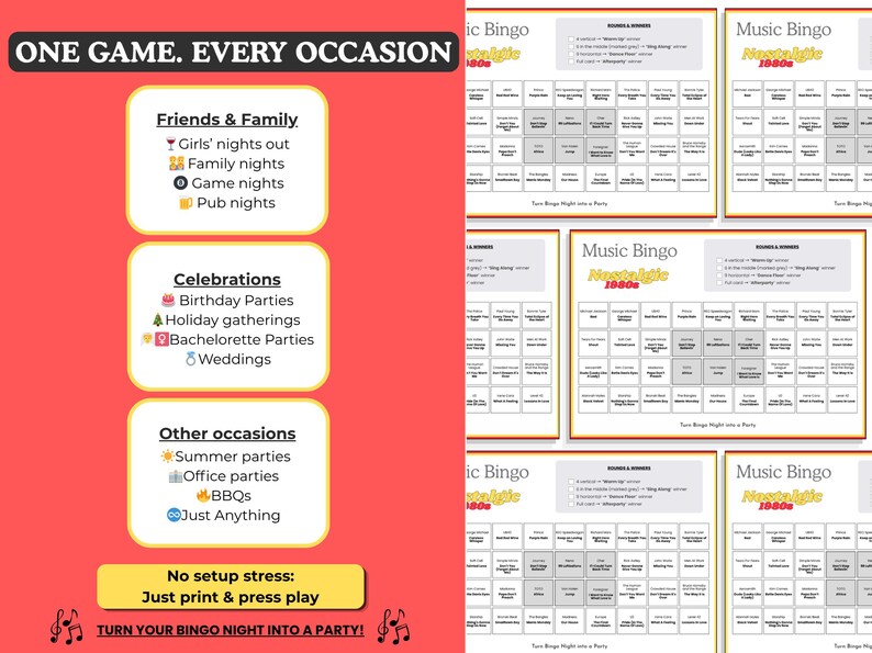 May include: A red graphic with the text "ONE GAME. EVERY OCCASION" and lists of occasions like "Friends & Family" and "Celebrations." Several "Music Bingo" cards are displayed, with a 1980s theme.