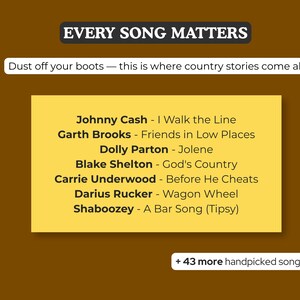 May include: A brown graphic display featuring the text EVERY SONG MATTERS and Dust off your boots &mdash; this is where country stories come alive. A yellow rectangle lists seven country songs and artists, ending with + 43 more handpicked songs.
