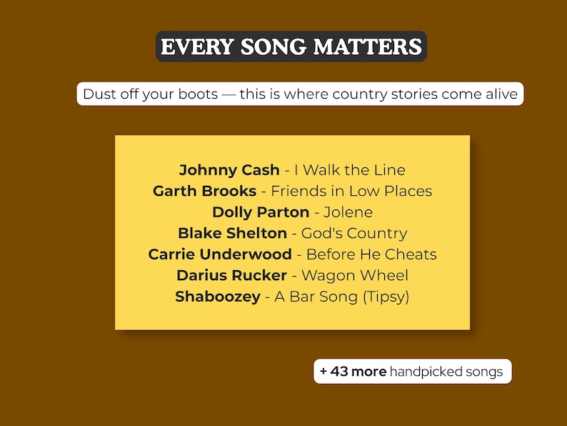 May include: A brown graphic display featuring the text EVERY SONG MATTERS and Dust off your boots &mdash; this is where country stories come alive. A yellow rectangle lists seven country songs and artists, ending with + 43 more handpicked songs.
