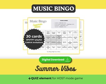 Bingo musicale estivo, 30 cartelle stampabili, gioco estivo, barbecue, giardino, piscina, playlist Spotify, download immediato, stampa e gioca