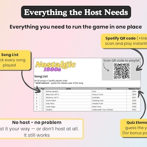 May include: A game night guide titled "Nostalgic 1990s". It features a song list with artist, song, and release year. A QR code is included to scan and play a Spotify playlist. The guide also has a quiz element for bonus points.