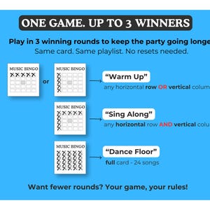 May include: A blue instructional graphic for a music bingo game titled ONE GAME. UP TO 3 WINNERS. It explains three winning rounds: Warm Up for a row or column, Sing Along for a row and column, and Dance Floor for a full card of 24 songs.