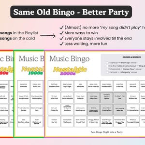 May include: Music Bingo game cards with a nostalgic theme. The cards feature song titles from the 1980s, 1990s, and 2000s. The game includes 50 songs in the playlist and 36 songs on the card. The game is designed for parties.