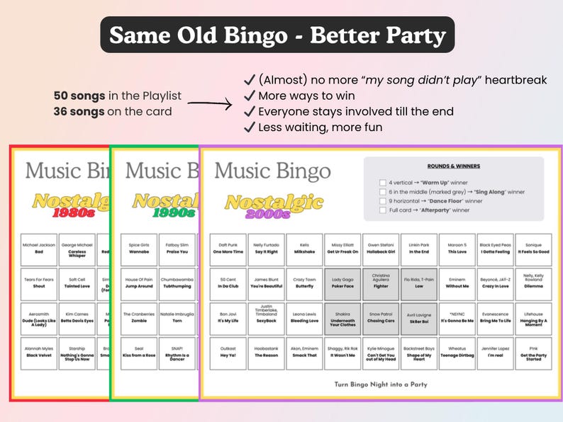 May include: Music Bingo game cards with a nostalgic theme. The cards feature song titles from the 1980s, 1990s, and 2000s. The game includes 50 songs in the playlist and 36 songs on the card. The game is designed for parties.