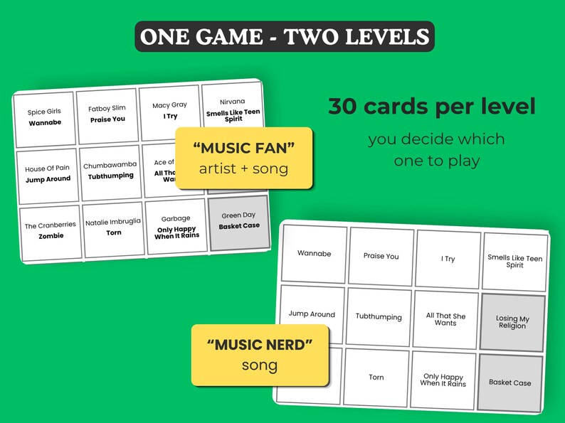 Puede incluir: Un juego tem&aacute;tico musical con dos niveles, "Music Fan" y "Music Nerd". Cada nivel presenta 30 cartas con t&iacute;tulos de artistas y canciones. El juego tiene un fondo verde y cuadros de texto amarillos.