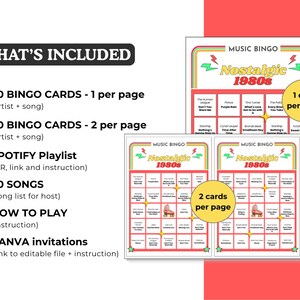 May include: A retro-themed music bingo game with the text "Nostalgic 1980s." The image shows bingo cards with song titles and artist names, along with a list of included items: 30 bingo cards, a Spotify playlist, and 50 songs.