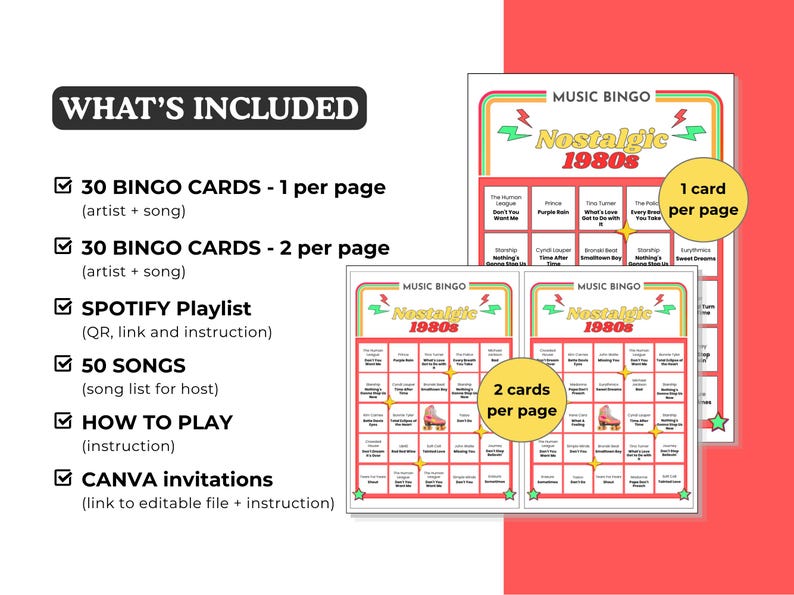 May include: A retro-themed music bingo game with the text "Nostalgic 1980s." The image shows bingo cards with song titles and artist names, along with a list of included items: 30 bingo cards, a Spotify playlist, and 50 songs.