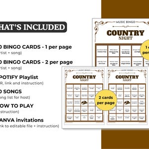 May include: A Country Night music bingo game set including 30 bingo cards with one per page, 30 bingo cards with two per page, a Spotify playlist with QR code, a 50-song host list, instructions, and editable Canva invitations with text.