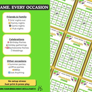 Op de afbeelding: Een groen en wit feestspelpakket met de tekst "ONE GAME. EVERY OCCASION." De kit bevat bingokaarten met een thema uit de jaren 1980 en vermeldt gelegenheden zoals familieavonden en bruiloften.