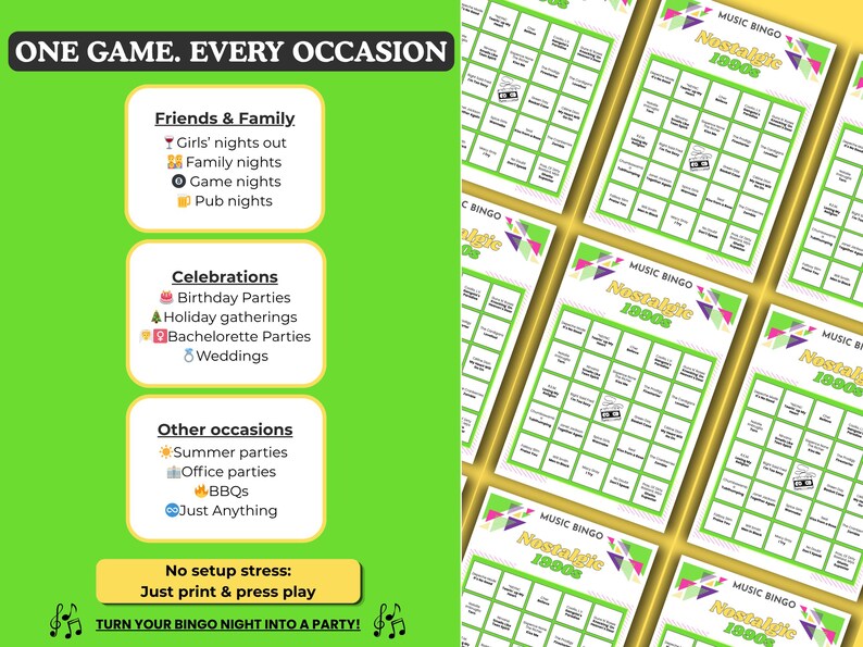 Op de afbeelding: Een groen en wit feestspelpakket met de tekst "ONE GAME. EVERY OCCASION." De kit bevat bingokaarten met een thema uit de jaren 1980 en vermeldt gelegenheden zoals familieavonden en bruiloften.
