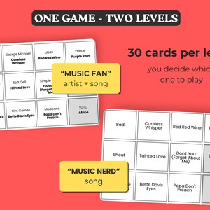 May include: Two white game boards with song titles and artist names, labeled "MUSIC FAN" and "MUSIC NERD". The text "ONE GAME - TWO LEVELS" and "30 cards per level" are also visible.