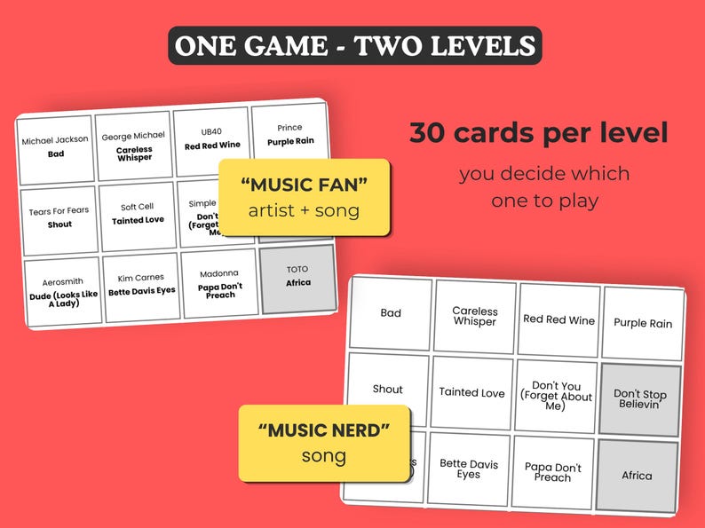 May include: Two white game boards with song titles and artist names, labeled "MUSIC FAN" and "MUSIC NERD". The text "ONE GAME - TWO LEVELS" and "30 cards per level" are also visible.