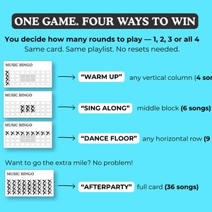May include: A teal graphic with the text "ONE GAME. FOUR WAYS TO WIN." It shows four ways to play Music Bingo: Warm Up, Sing Along, Dance Floor, and Afterparty. Each option has a different number of songs.