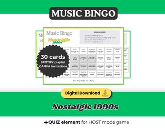 90s Nostalgic Hits Music Bingo, Printable Game 30 Cards, Spotify Playlist, Digital Download for Friends Party and Family Reunion