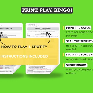 Op de afbeelding: Een groene achtergrond met witte tekst die luidt: "PRINT. PLAY. BINGO!". De afbeelding bevat instructies voor een muziekbingospel, inclusief hoe te spelen en Spotify-instructies. De instructies staan op wit papier.