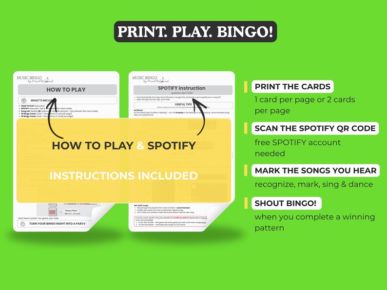 Op de afbeelding: Een groene achtergrond met witte tekst die luidt: "PRINT. PLAY. BINGO!". De afbeelding bevat instructies voor een muziekbingospel, inclusief hoe te spelen en Spotify-instructies. De instructies staan op wit papier.