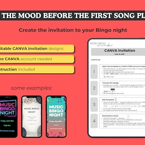 May include: A digital graphic promoting a Music Bingo night. The image includes examples of phone invitations, instructions, and the text "Editable CANVA invitation designs," "Free CANVA account needed," and "Instruction included."
