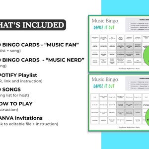 May include: A music-themed bingo game set with two bingo cards, a list of included items, and the text "Music Bingo DANCE IT OUT". The set includes 30 bingo cards, a Spotify playlist, 50 songs, instructions, and Canva invitations.